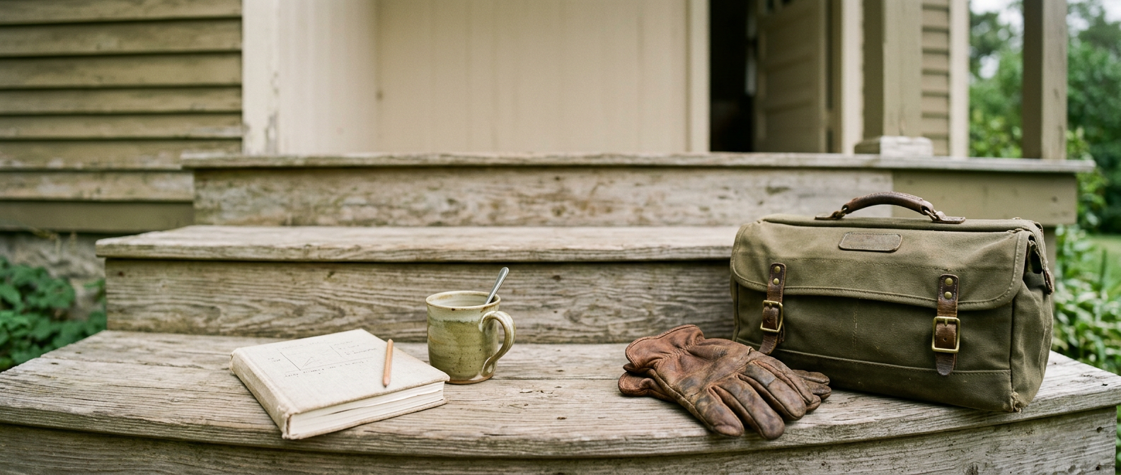 A canvas toolbox, leather work gloves, a notebook with a pencil and a mug on a worn wooden porch step.