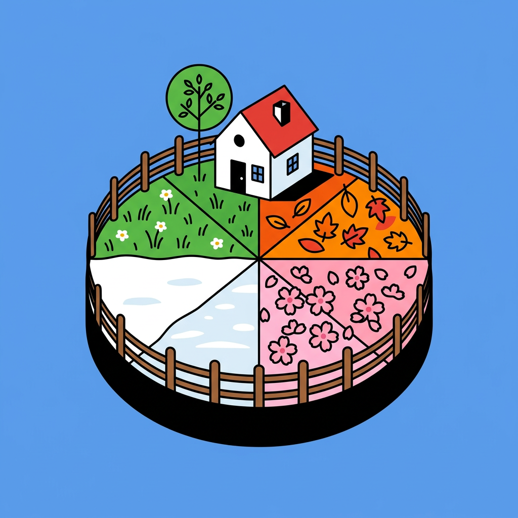 Illustration of a small house with a red roof on a round wheel divided into spring, autumn, winter and blossom wedges.
